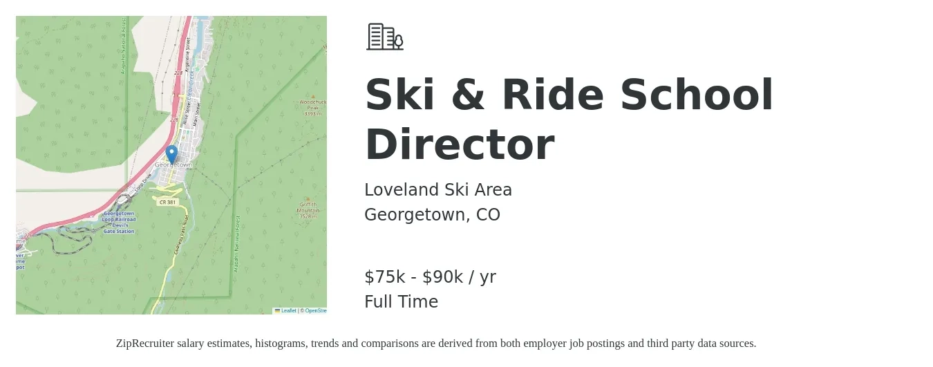 Loveland Ski Area job posting for a Ski & Ride School Director in Georgetown, CO with a salary of $75,000 to $90,000 Yearly with a map of Georgetown location.