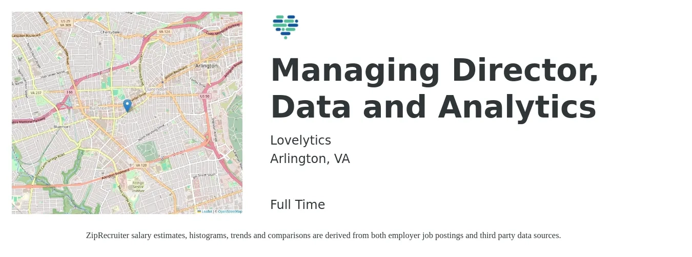 Lovelytics job posting for a Managing Director, Data and Analytics in Arlington, VA with a salary of $126,800 to $218,400 Yearly with a map of Arlington location.