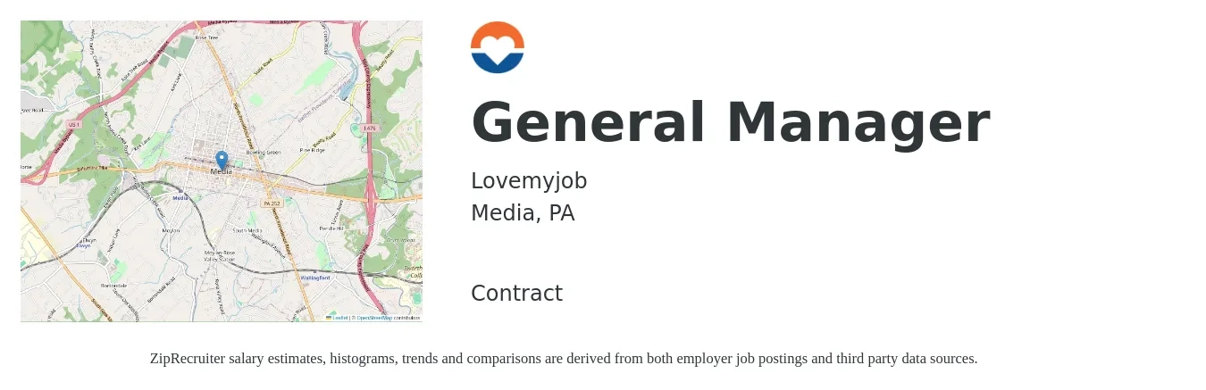 Lovemyjob job posting for a General Manager in Media, PA with a salary of $49,300 to $73,600 Yearly with a map of Media location.
