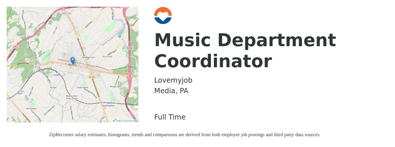 Lovemyjob job posting for a Music Department Coordinator in Media, PA with a salary of $18 to $24 Hourly with a map of Media location.
