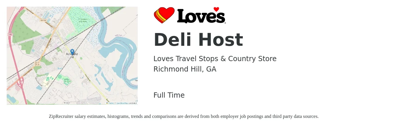 Loves Travel Stops & Country Store job posting for a Deli Host in Richmond Hill, GA with a salary of $12 to $16 Hourly with a map of Richmond Hill location.