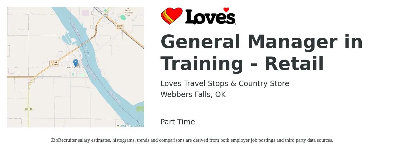 Loves Travel Stops & Country Store job posting for a General Manager in Training - Retail in Webbers Falls, OK with a salary of $17 to $22 Hourly with a map of Webbers Falls location.