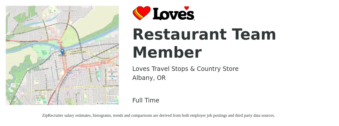 Loves Travel Stops & Country Store job posting for a Restaurant Team Member in Albany, OR with a salary of $12 to $16 Hourly with a map of Albany location.