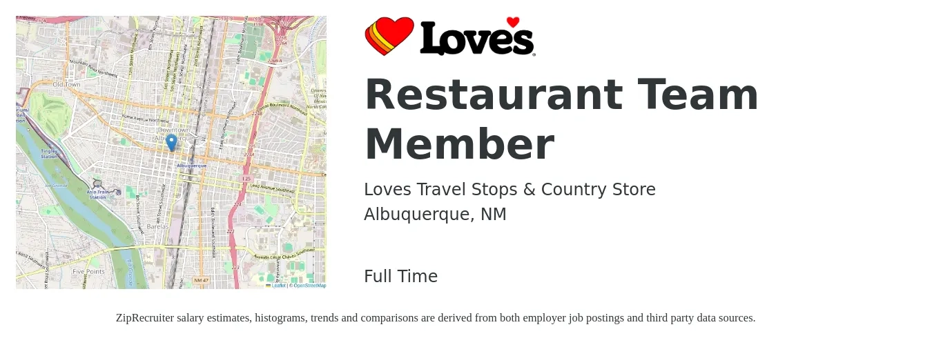 Loves Travel Stops & Country Store job posting for a Restaurant Team Member in Albuquerque, NM with a salary of $12 to $15 Hourly with a map of Albuquerque location.