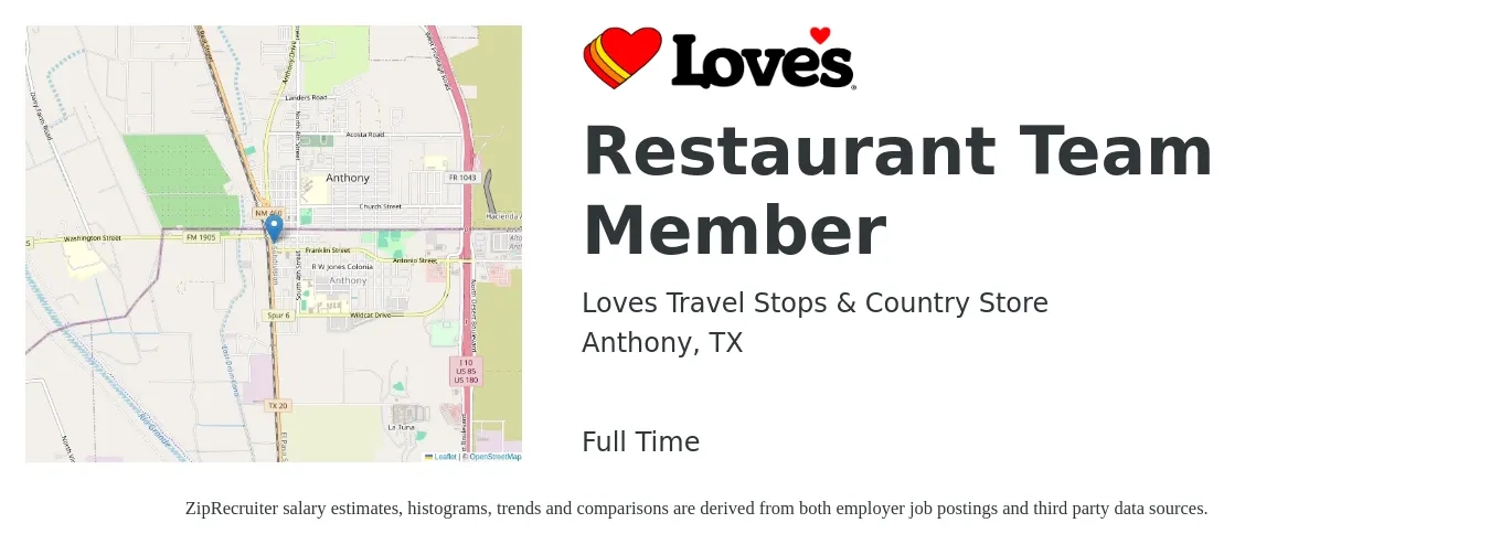 Loves Travel Stops & Country Store job posting for a Restaurant Team Member in Anthony, TX with a salary of $11 to $14 Hourly with a map of Anthony location.