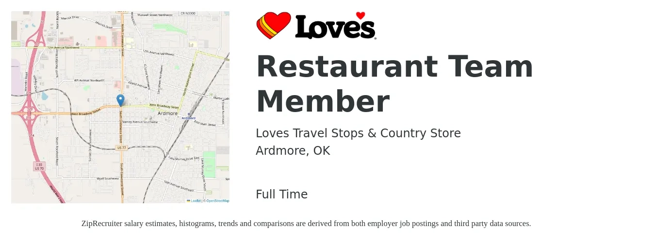 Loves Travel Stops & Country Store job posting for a Restaurant Team Member in Ardmore, OK with a salary of $10 to $13 Hourly with a map of Ardmore location.