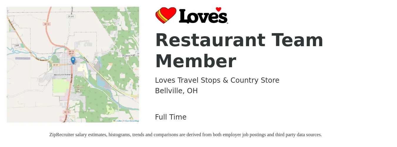 Loves Travel Stops & Country Store job posting for a Restaurant Team Member in Bellville, OH with a salary of $11 to $15 Hourly with a map of Bellville location.