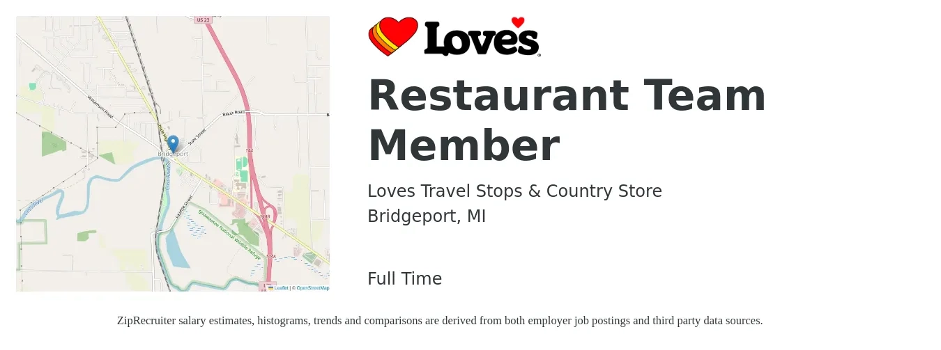 Loves Travel Stops & Country Store job posting for a Restaurant Team Member in Bridgeport, MI with a salary of $11 to $15 Hourly with a map of Bridgeport location.