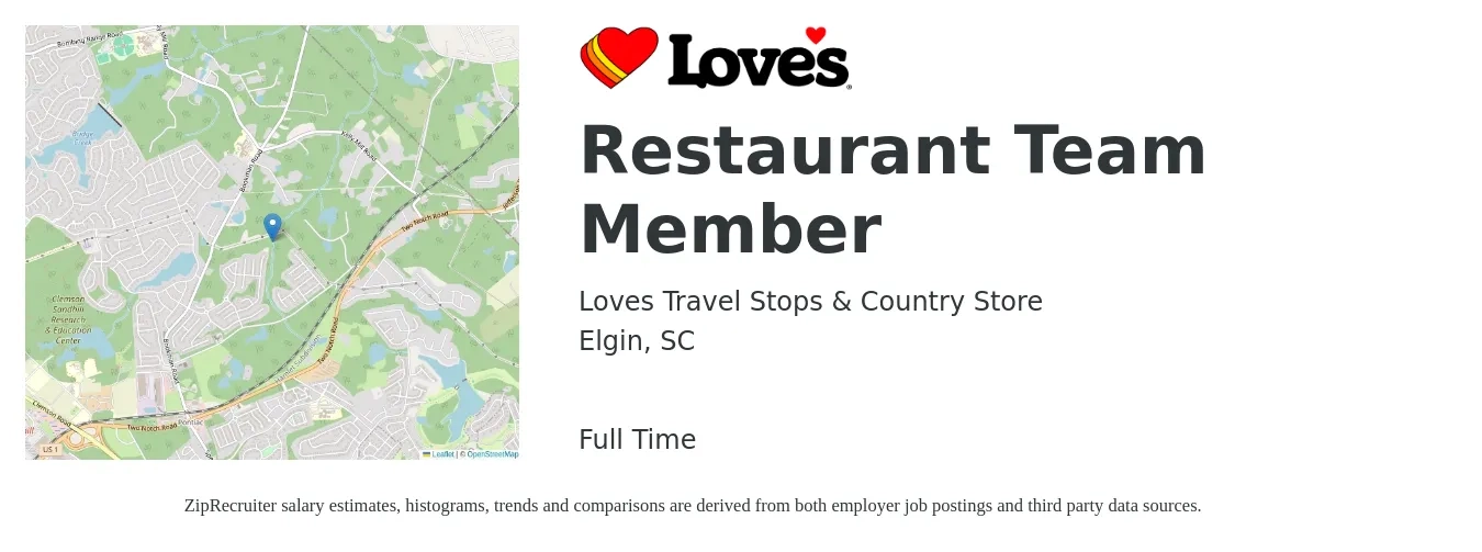 Loves Travel Stops & Country Store job posting for a Restaurant Team Member in Elgin, SC with a salary of $10 to $14 Hourly with a map of Elgin location.
