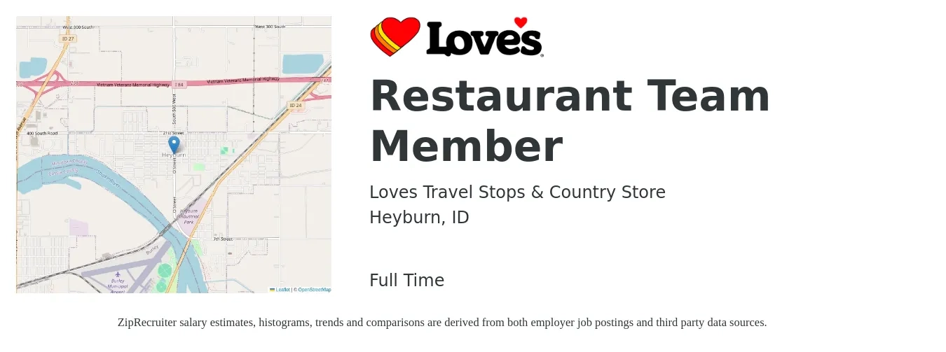 Loves Travel Stops & Country Store job posting for a Restaurant Team Member in Heyburn, ID with a salary of $11 to $14 Hourly with a map of Heyburn location.