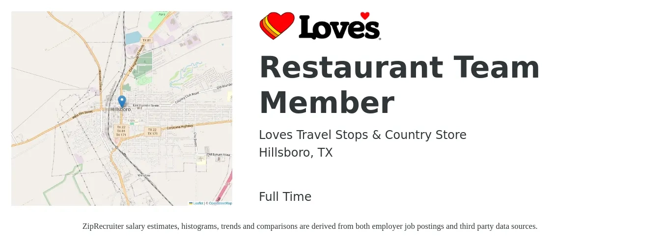 Loves Travel Stops & Country Store job posting for a Restaurant Team Member in Hillsboro, TX with a salary of $10 to $14 Hourly with a map of Hillsboro location.