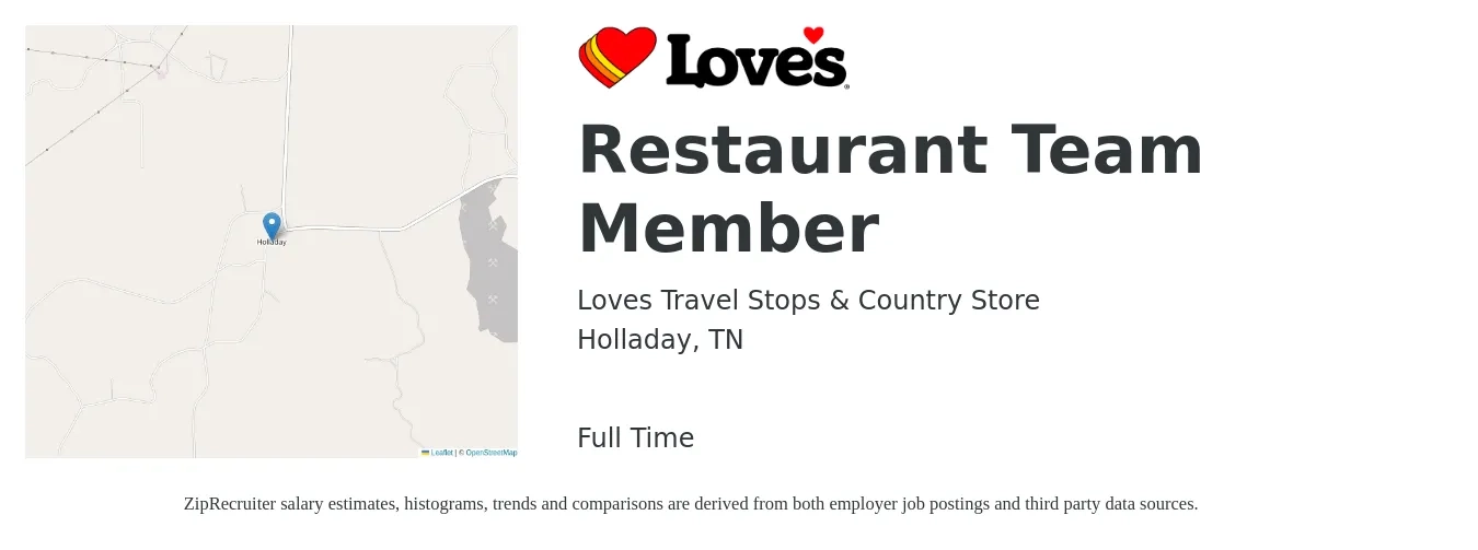Loves Travel Stops & Country Store job posting for a Restaurant Team Member in Holladay, TN with a salary of $10 to $13 Hourly with a map of Holladay location.