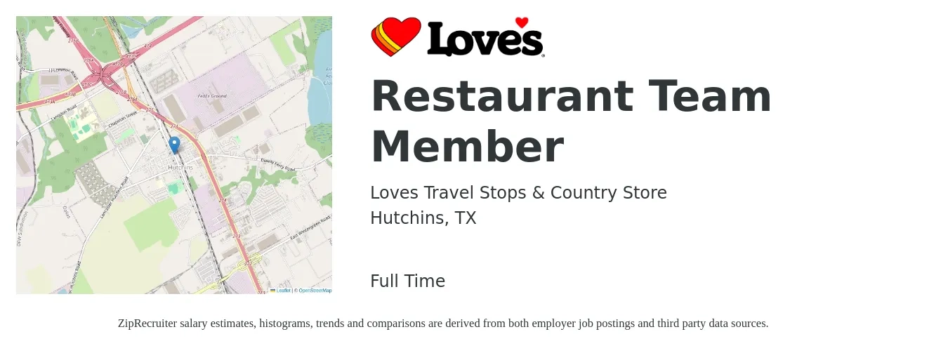 Loves Travel Stops & Country Store job posting for a Restaurant Team Member in Hutchins, TX with a salary of $11 to $14 Hourly with a map of Hutchins location.