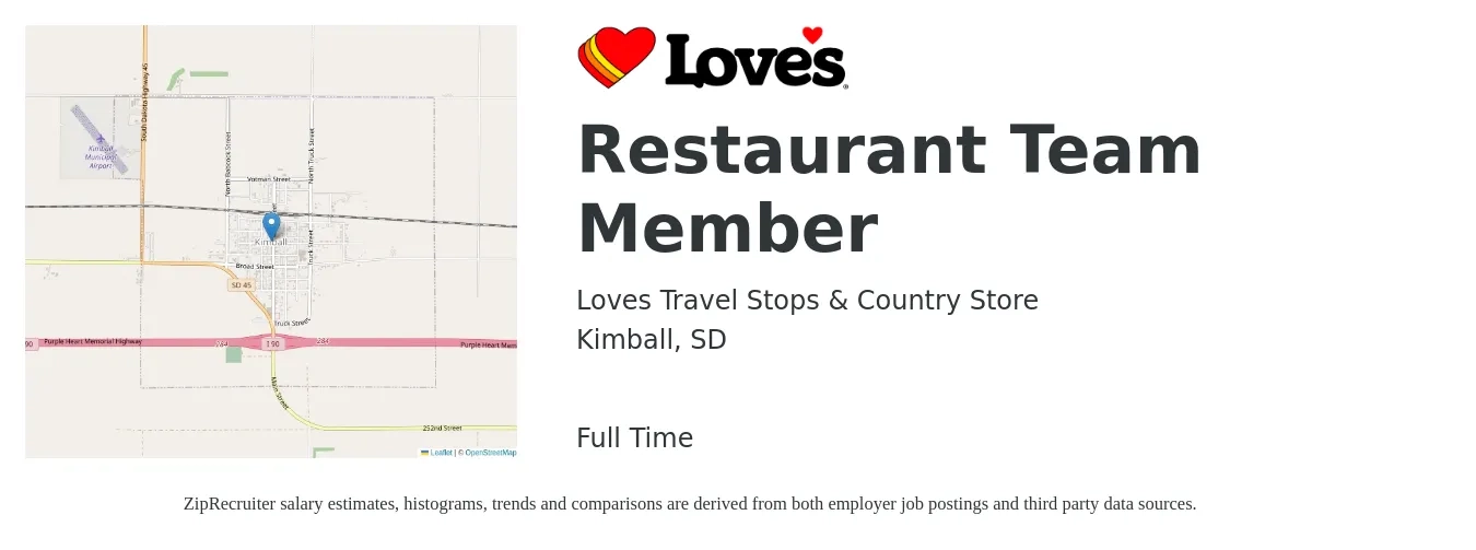 Loves Travel Stops & Country Store job posting for a Restaurant Team Member in Kimball, SD with a salary of $12 to $16 Hourly with a map of Kimball location.