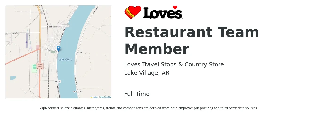 Loves Travel Stops & Country Store job posting for a Restaurant Team Member in Lake Village, AR with a salary of $12 to $15 Hourly with a map of Lake Village location.