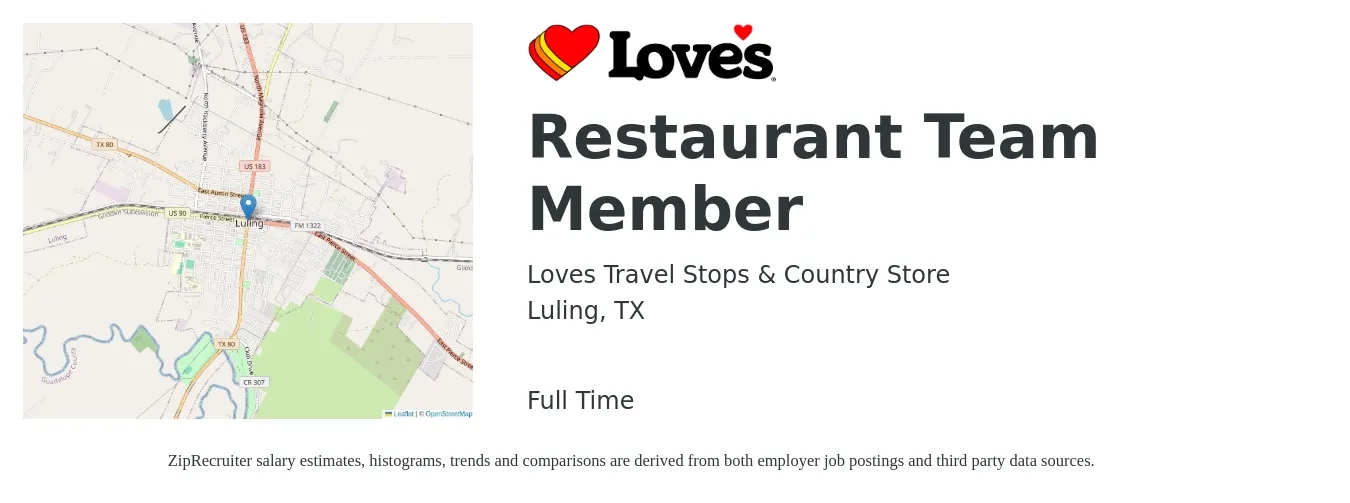 Loves Travel Stops & Country Store job posting for a Restaurant Team Member in Luling, TX with a salary of $10 to $13 Hourly with a map of Luling location.
