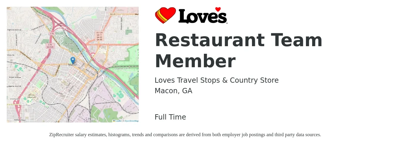 Loves Travel Stops & Country Store job posting for a Restaurant Team Member in Macon, GA with a salary of $10 to $13 Hourly with a map of Macon location.