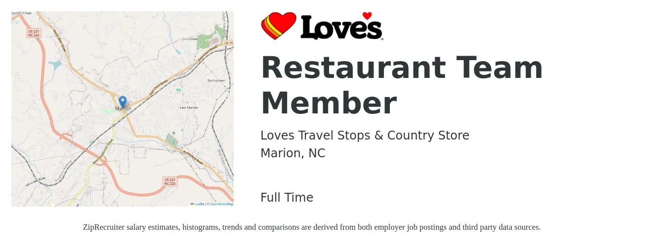 Loves Travel Stops & Country Store job posting for a Restaurant Team Member in Marion, NC with a salary of $11 to $14 Hourly with a map of Marion location.