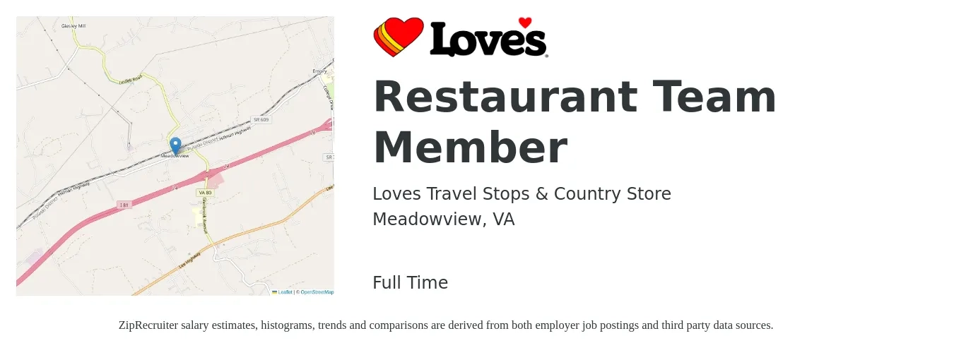 Loves Travel Stops & Country Store job posting for a Restaurant Team Member in Meadowview, VA with a salary of $12 to $15 Hourly with a map of Meadowview location.
