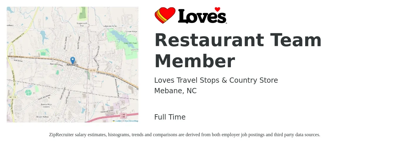 Loves Travel Stops & Country Store job posting for a Restaurant Team Member in Mebane, NC with a salary of $10 to $14 Hourly with a map of Mebane location.