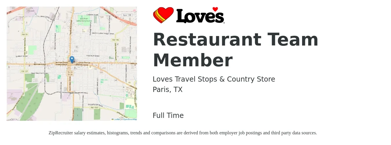 Loves Travel Stops & Country Store job posting for a Restaurant Team Member in Paris, TX with a salary of $9 to $12 Hourly with a map of Paris location.