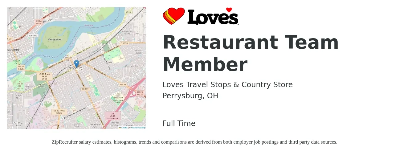 Loves Travel Stops & Country Store job posting for a Restaurant Team Member in Perrysburg, OH with a salary of $11 to $15 Hourly with a map of Perrysburg location.