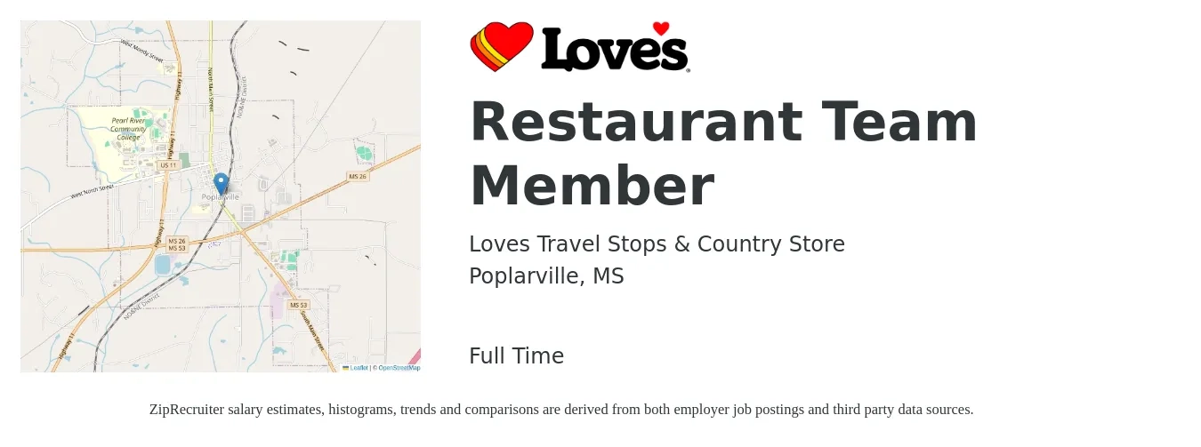 Loves Travel Stops & Country Store job posting for a Restaurant Team Member in Poplarville, MS with a salary of $11 to $15 Hourly with a map of Poplarville location.