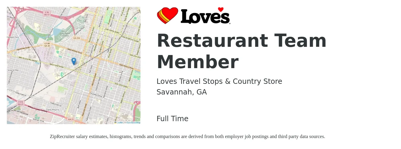 Loves Travel Stops & Country Store job posting for a Restaurant Team Member in Savannah, GA with a salary of $11 to $15 Hourly with a map of Savannah location.
