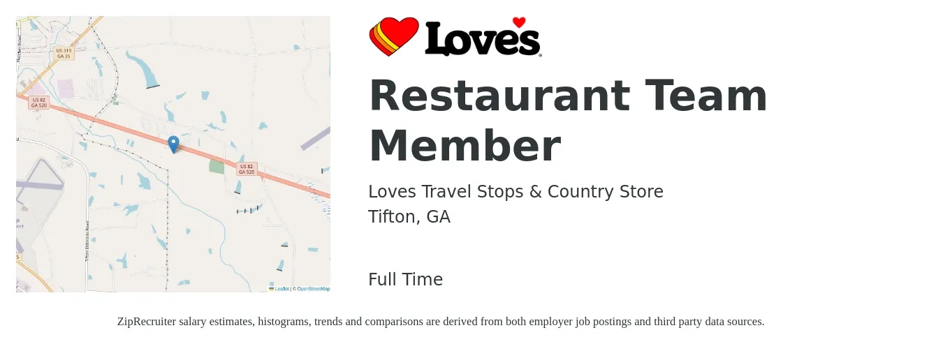 Loves Travel Stops & Country Store job posting for a Restaurant Team Member in Tifton, GA with a salary of $9 to $12 Hourly with a map of Tifton location.