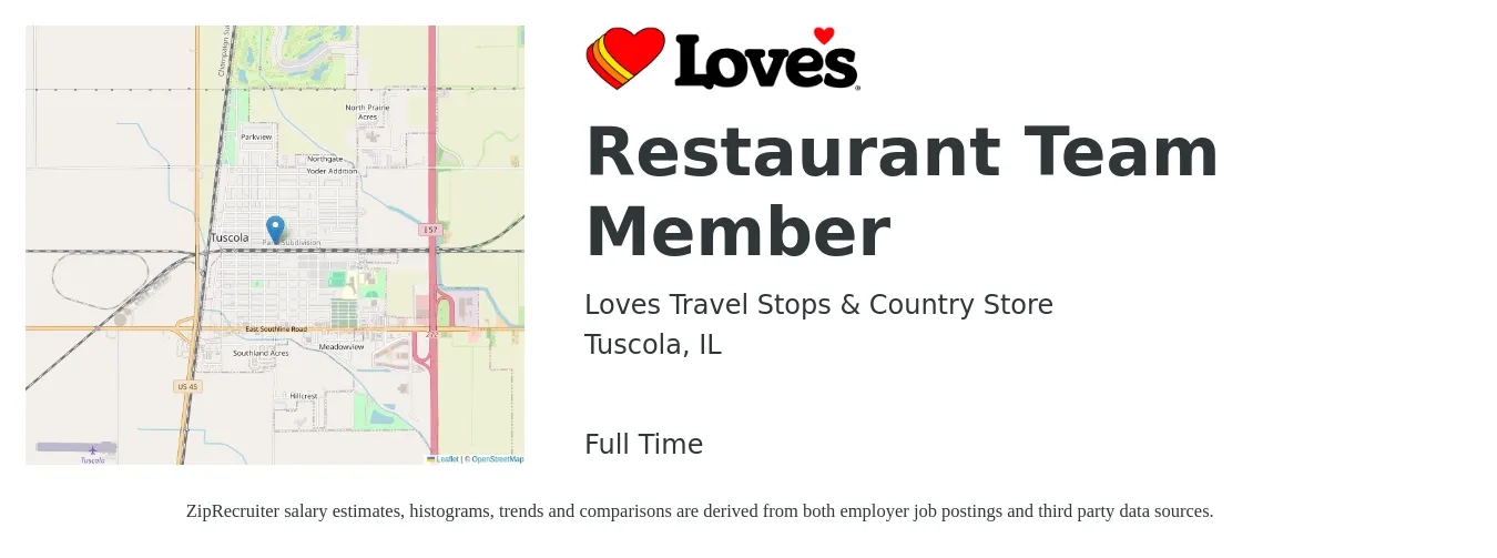 Loves Travel Stops & Country Store job posting for a Restaurant Team Member in Tuscola, IL with a salary of $11 to $14 Hourly with a map of Tuscola location.