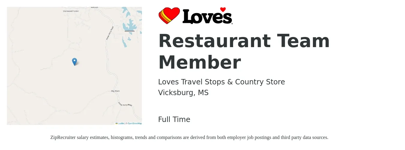 Loves Travel Stops & Country Store job posting for a Restaurant Team Member in Vicksburg, MS with a salary of $11 to $15 Hourly with a map of Vicksburg location.