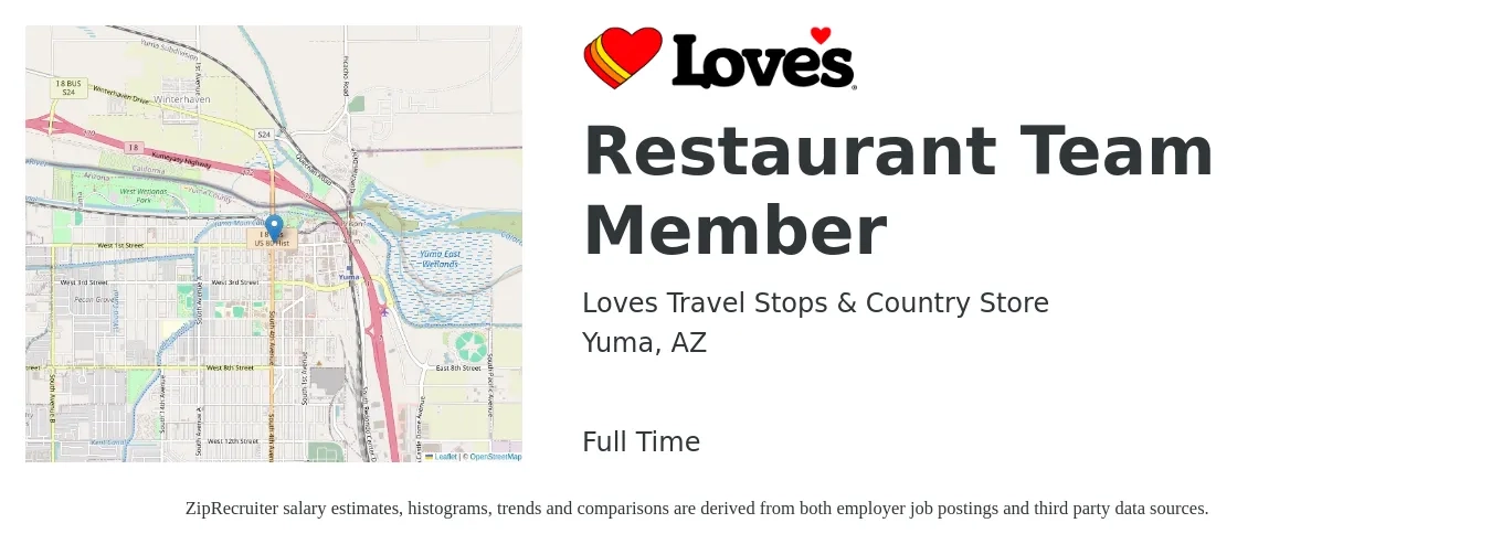 Loves Travel Stops & Country Store job posting for a Restaurant Team Member in Yuma, AZ with a salary of $12 to $16 Hourly with a map of Yuma location.