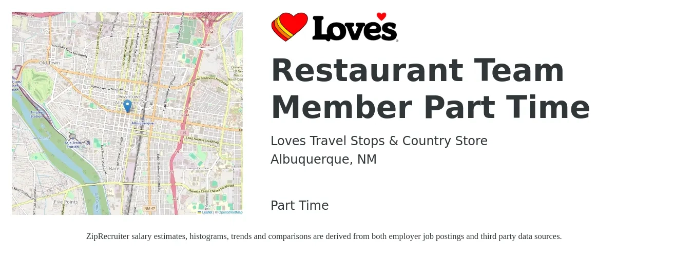 Loves Travel Stops & Country Store job posting for a Restaurant Team Member Part Time in Albuquerque, NM with a salary of $12 to $15 Hourly with a map of Albuquerque location.