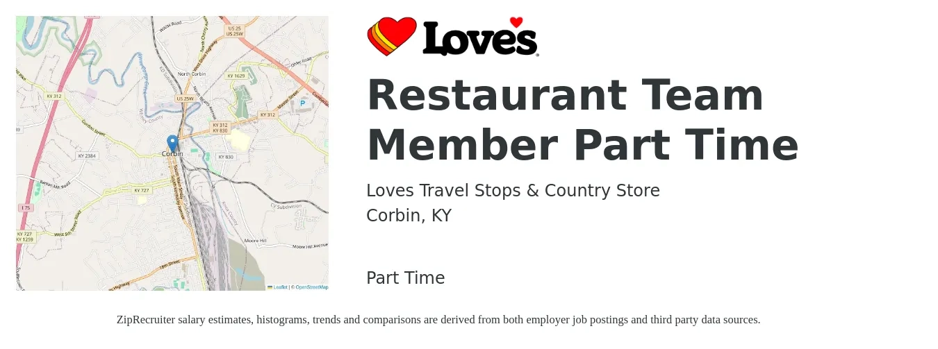 Loves Travel Stops & Country Store job posting for a Restaurant Team Member Part Time in Corbin, KY with a salary of $12 to $16 Hourly with a map of Corbin location.