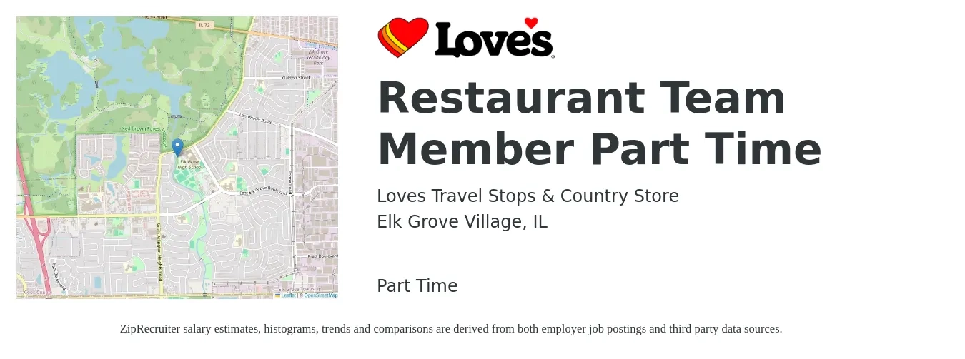 Loves Travel Stops & Country Store job posting for a Restaurant Team Member Part Time in Elk Grove Village, IL with a salary of $12 to $16 Hourly with a map of Elk Grove Village location.