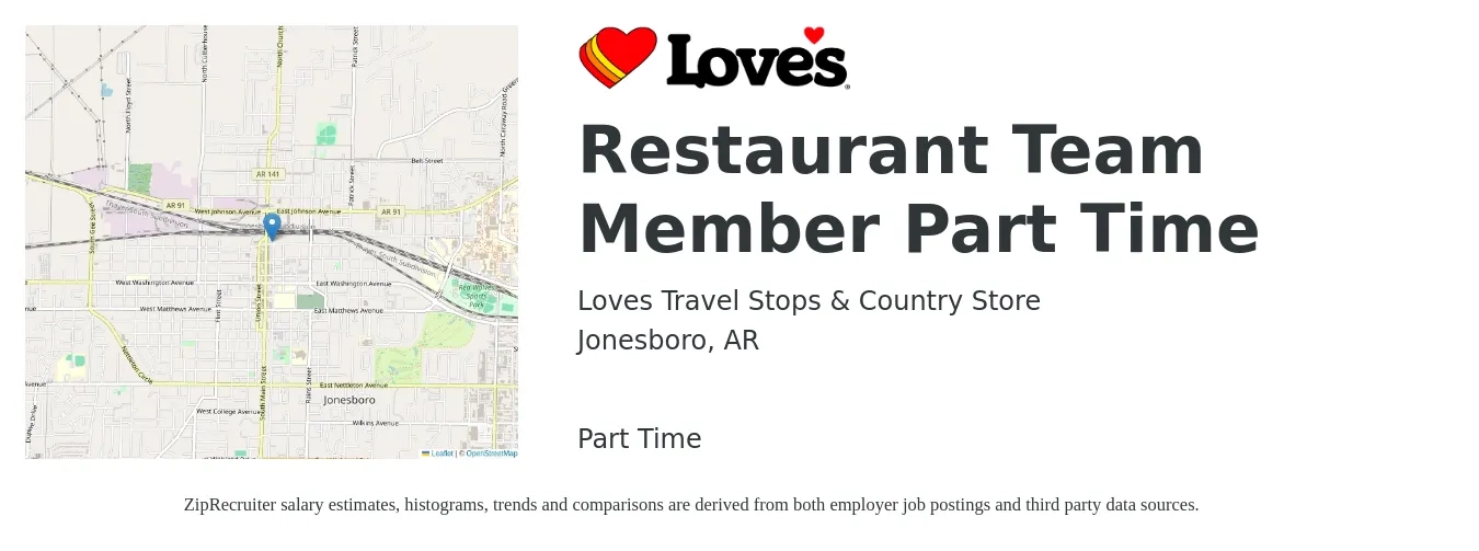 Loves Travel Stops & Country Store job posting for a Restaurant Team Member Part Time in Jonesboro, AR with a salary of $9 to $12 Hourly with a map of Jonesboro location.