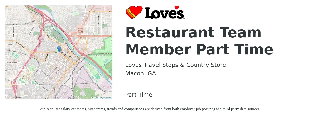 Loves Travel Stops & Country Store job posting for a Restaurant Team Member Part Time in Macon, GA with a salary of $10 to $13 Hourly with a map of Macon location.