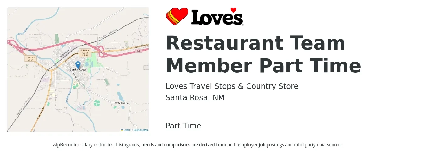 Loves Travel Stops & Country Store job posting for a Restaurant Team Member Part Time in Santa Rosa, NM with a salary of $10 to $14 Hourly with a map of Santa Rosa location.