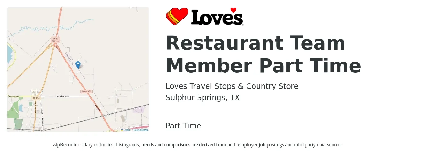 Loves Travel Stops & Country Store job posting for a Restaurant Team Member Part Time in Sulphur Springs, TX with a salary of $10 to $13 Hourly with a map of Sulphur Springs location.