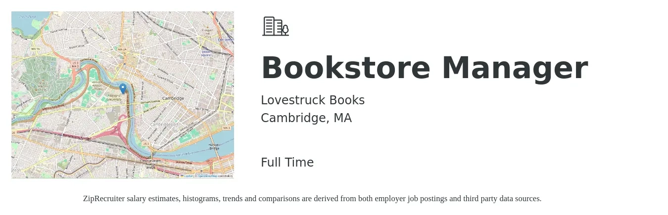 Lovestruck Books job posting for a Bookstore Manager in Cambridge, MA with a salary of $20 to $23 Hourly with a map of Cambridge location.