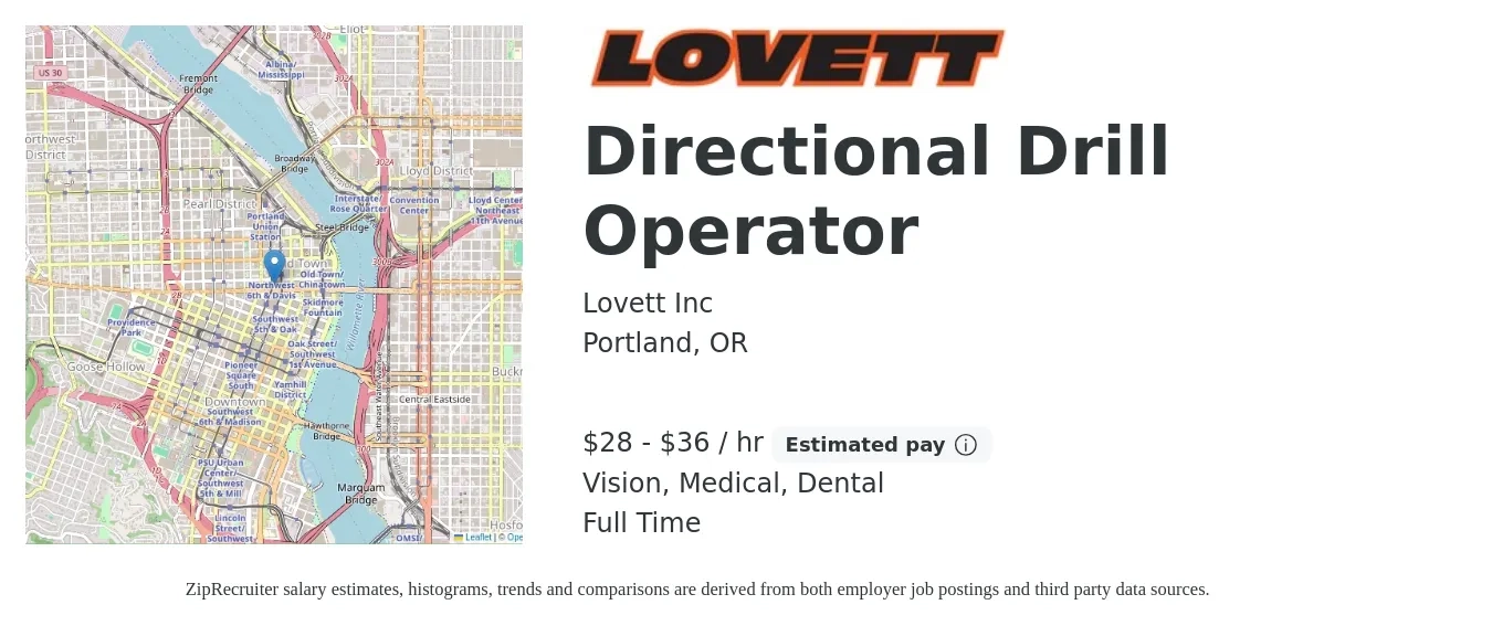 Lovett Inc job posting for a Directional Drill Operator in Portland, OR with a salary of $30 to $38 Hourly and benefits including retirement, vision, dental, life_insurance, and medical with a map of Portland location.