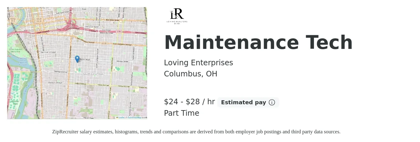 Loving Enterprises job posting for a Maintenance Tech in Columbus, OH with a salary of $25 to $30 Hourly with a map of Columbus location.