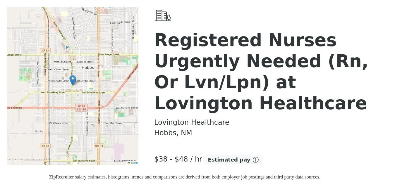 Lovington Healthcare job posting for a Registered Nurses Urgently Needed (Rn, Or Lvn/Lpn) at Lovington Healthcare in Hobbs, NM with a salary of $40 to $50 Hourly with a map of Hobbs location.