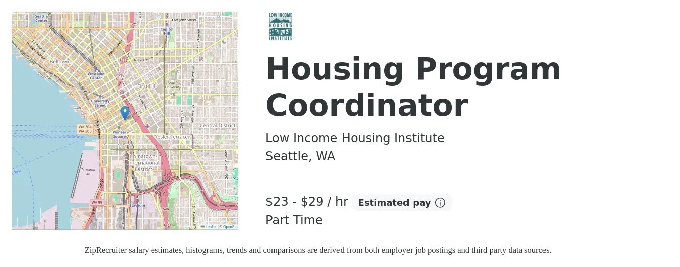 Low Income Housing Institute job posting for a Housing Program Coordinator in Seattle, WA with a salary of $24 to $31 Hourly with a map of Seattle location.