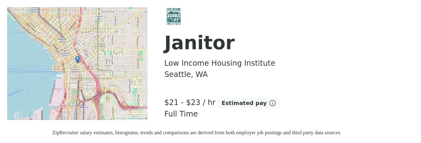 Low Income Housing Institute job posting for a Janitor in Seattle, WA with a salary of $22 to $25 Hourly with a map of Seattle location.