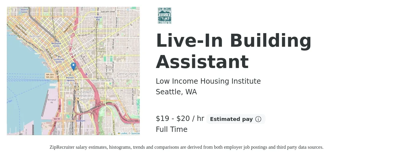 Low Income Housing Institute job posting for a Live-In Building Assistant in Seattle, WA with a salary of $20 to $21 Hourly with a map of Seattle location.