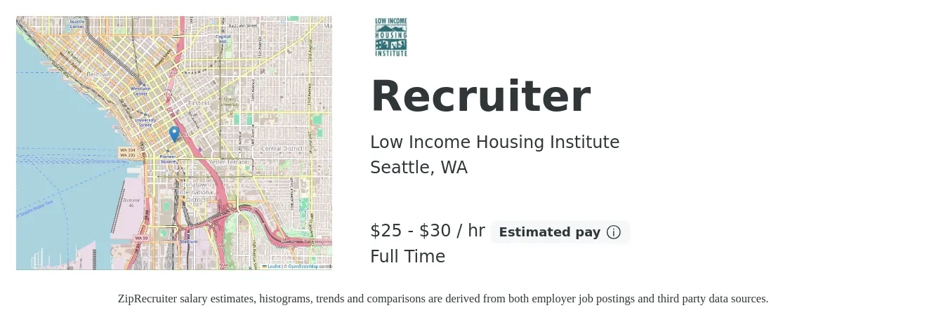 Low Income Housing Institute job posting for a Recruiter in Seattle, WA with a salary of $27 to $32 Hourly with a map of Seattle location.