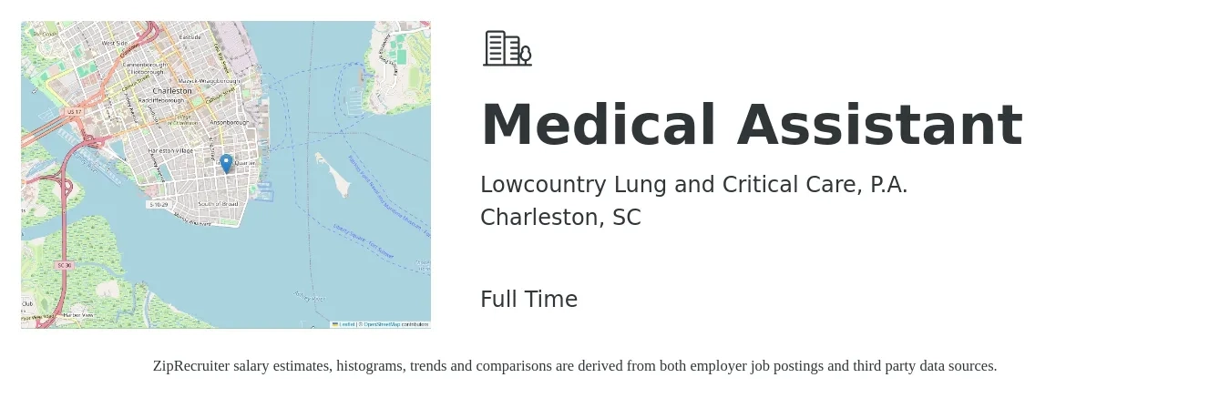 Lowcountry Lung and Critical Care, P.A. job posting for a Medical Assistant in Charleston, SC with a salary of $17 to $22 Hourly with a map of Charleston location.