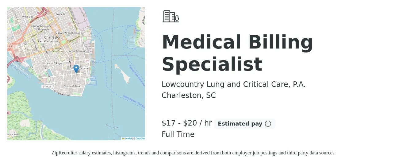 Lowcountry Lung and Critical Care, P.A. job posting for a Medical Billing Specialist in Charleston, SC with a salary of $18 to $21 Hourly with a map of Charleston location.