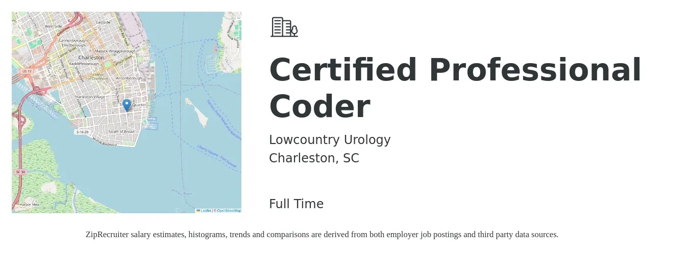 Lowcountry Urology job posting for a Certified Professional Coder in Charleston, SC with a salary of $22 to $29 Hourly with a map of Charleston location.